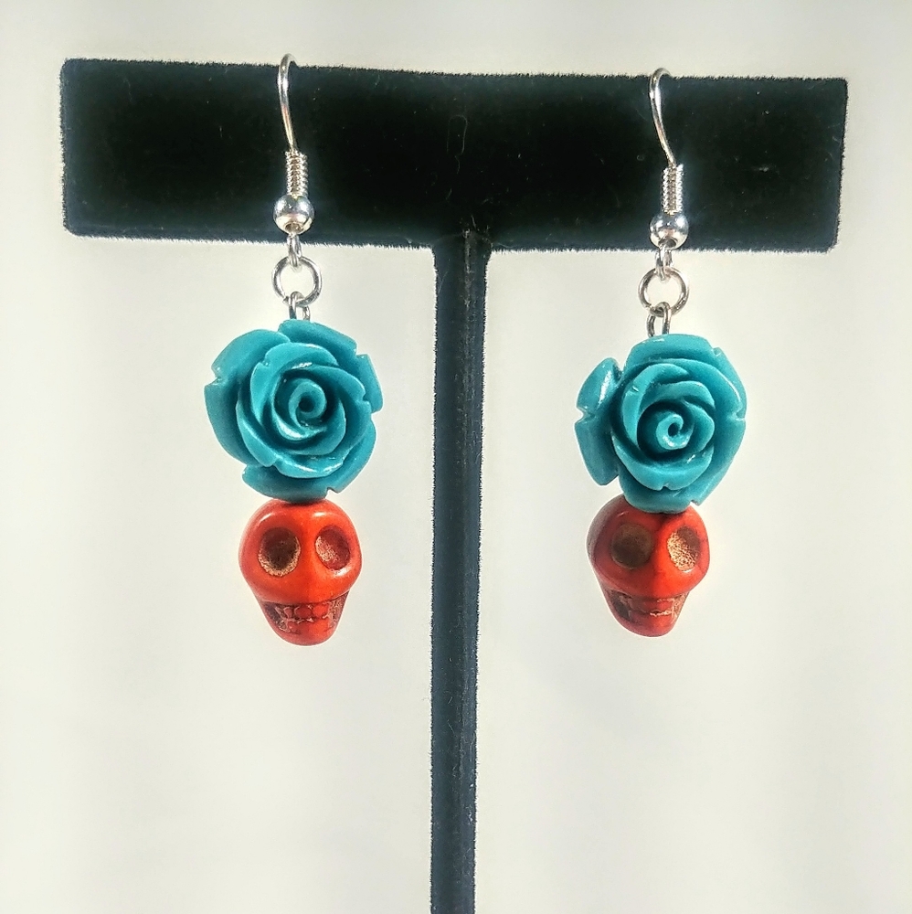 Skull earrings Orange Stone & Blue Flower Beaded